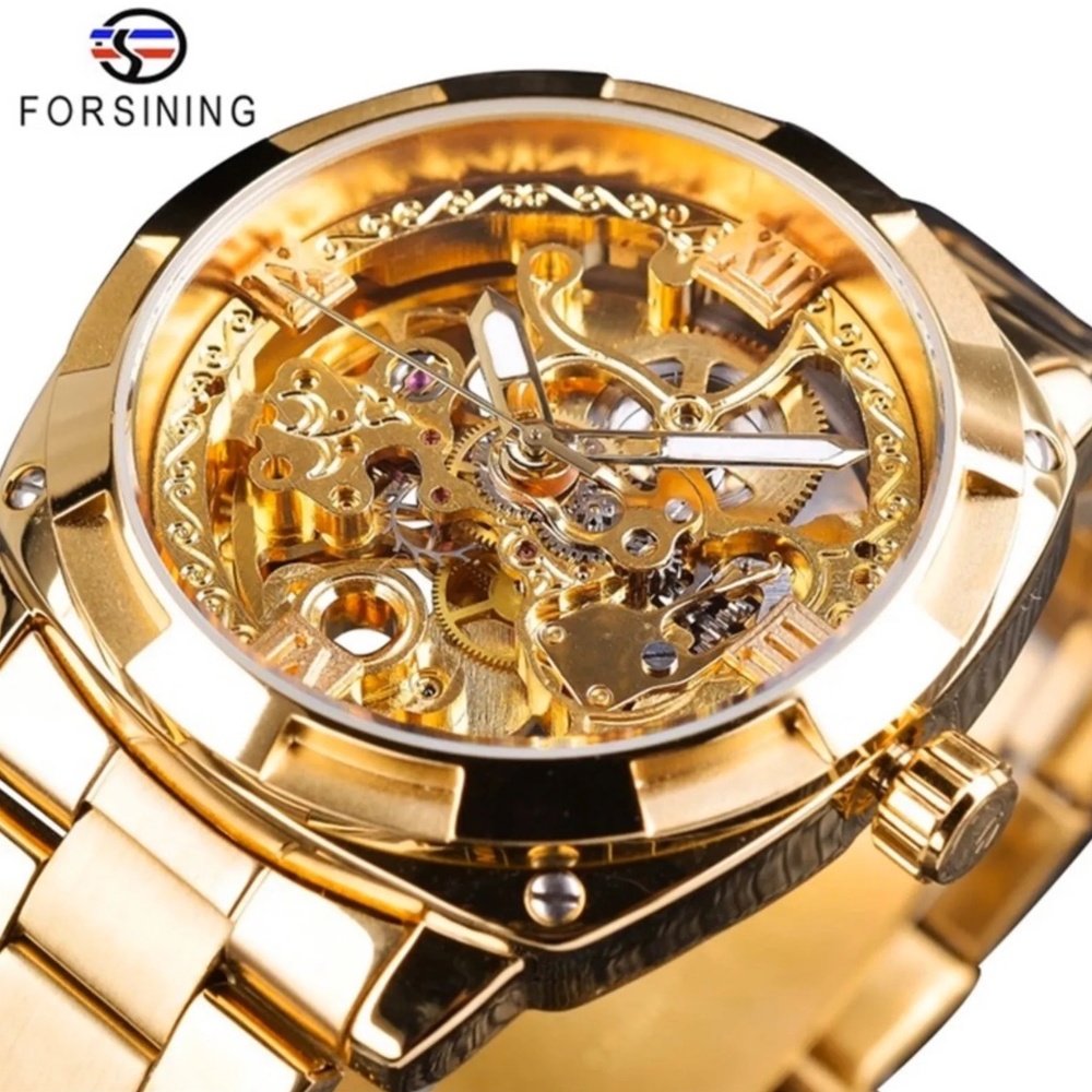 Forsining Mens Skeleton Mechanical Waterproof Luxury Watch Gold Gift Idea